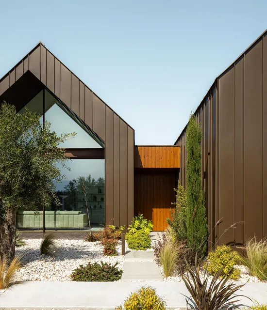 Dark metal-clad gables with a tall glass wall and a timber entrance, in a gravel garden with an olive tree
